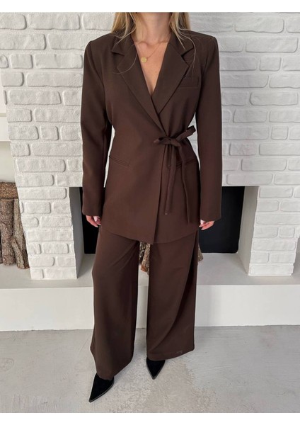 Kadın Yandan Bağlamalı Kuşaklı Blazer Ceket Palazzo Pantolon Ikili Takım Elbise indirimleri