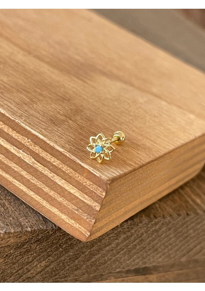 925 Ayar Gümüş Turkuaz Taşlı Çiçek Kıkırdak Helix Tragus Piercingi Gümüş Piercing