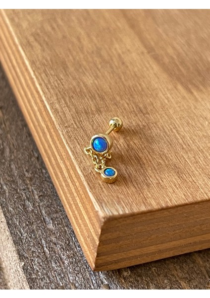 925 Ayar Gümüş Opal Taşlı Zincirli Helix Tragus Kıkırdak Piercingi Gümüş Piercing