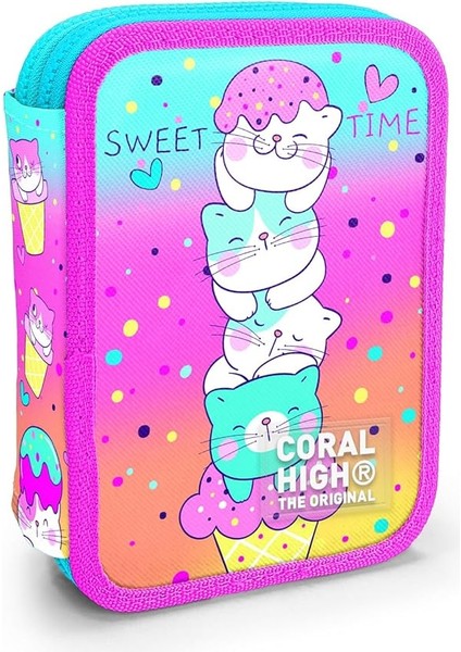 High Kids Renkli Dondurmalı Kedi Desenli Çift Katlı Kalem Çanta 11139