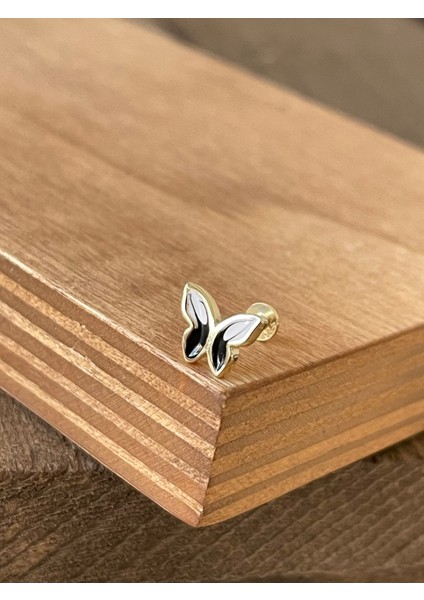 925 Ayar Gümüş Mineli Kelebek Kıkırdak Helix Tragus Piercingi Gümüş Piercing