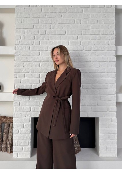 Kadın Yandan Bağlamalı Kuşaklı Blazer Ceket Palazzo Pantolon Ikili Takım Elbise