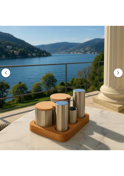 5 Bölmeli Ahşap Peçetelik Kürdanlık Tuzluk Baharatlık Seti Lokanta Restoran Seti 8 Parça Menaj Set