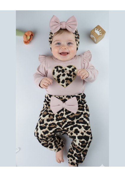 Bebek Takımı Kız Bebek Leopar Desenli Fiyonklu Bandanalı 0-12 Ay Bej/gül Kurusu