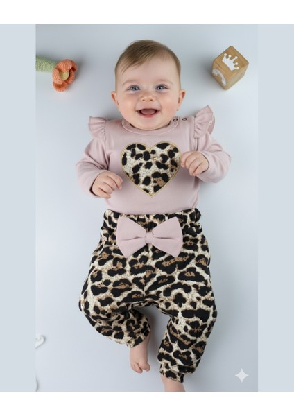Bebek Takımı Kız Bebek Leopar Desenli Fiyonklu Bandanalı 0-12 Ay Bej/gül Kurusu fiyatları