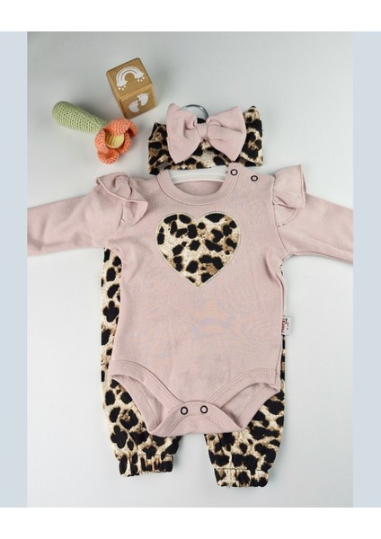 Bebek Takımı Kız Bebek Leopar Desenli Fiyonklu Bandanalı 0-12 Ay Bej/gül Kurusu fırsatları
