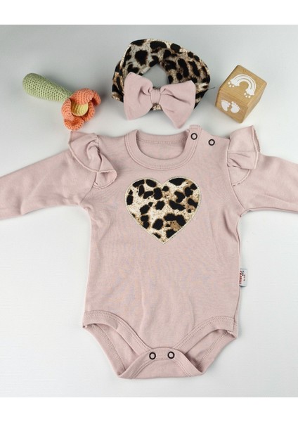 Bebek Takımı Kız Bebek Leopar Desenli Fiyonklu Bandanalı 0-12 Ay Bej/gül Kurusu indirimleri
