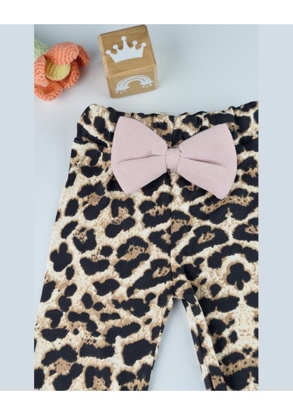 Bebek Takımı Kız Bebek Leopar Desenli Fiyonklu Bandanalı 0-12 Ay Bej/gül Kurusu