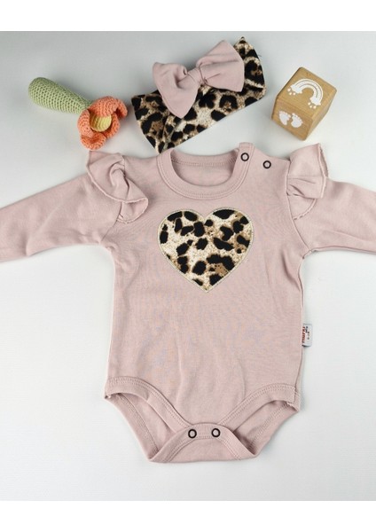 Bebek Takımı Kız Bebek Leopar Desenli Fiyonklu Bandanalı 0-12 Ay Bej/gül Kurusu