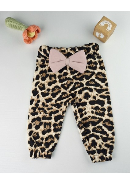 Bebek Takımı Kız Bebek Leopar Desenli Fiyonklu Bandanalı 0-12 Ay Bej/gül Kurusu