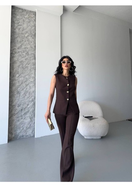 Kadın Alt Üst Takım Şık Düğme Detaylı Premium Yelek Pantolon Ikili Takım Elbise