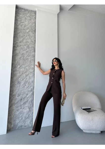 Kadın Alt Üst Takım Şık Düğme Detaylı Premium Yelek Pantolon Ikili Takım Elbise