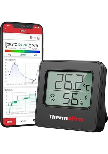 TP357 260FT Bluetooth Higrometre, Uzaktan Sıcaklık ve Nem Monitörü ve Akıllı App Ile, Maksimum ve Min Kayıtlı Sıcaklık ve Nem Sensörü Ölçer, Siyah