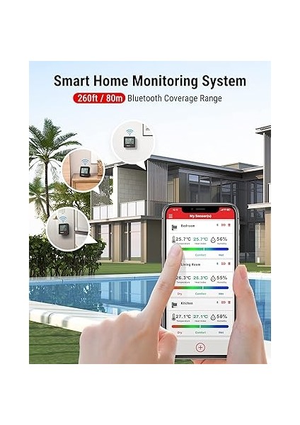TP357 260FT Bluetooth Higrometre, Uzaktan Sıcaklık ve Nem Monitörü ve Akıllı App Ile, Maksimum ve Min Kayıtlı Sıcaklık ve Nem Sensörü Ölçer, Siyah fırsatları