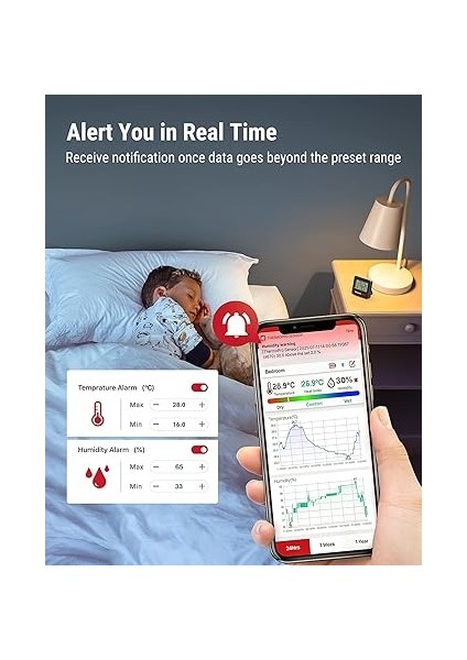 TP357 260FT Bluetooth Higrometre, Uzaktan Sıcaklık ve Nem Monitörü ve Akıllı App Ile, Maksimum ve Min Kayıtlı Sıcaklık ve Nem Sensörü Ölçer, Siyah indirimleri