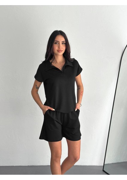 Kadın Modal Kumaş Polo Yaka T-Shirt Şortlu Takım