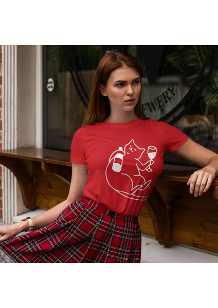 Wine Lover Cat Tişört - Kırmızı fiyatları