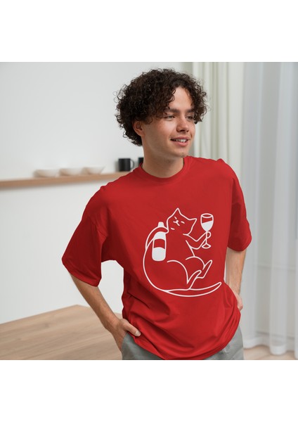 Wine Lover Cat Tişört - Kırmızı modelleri