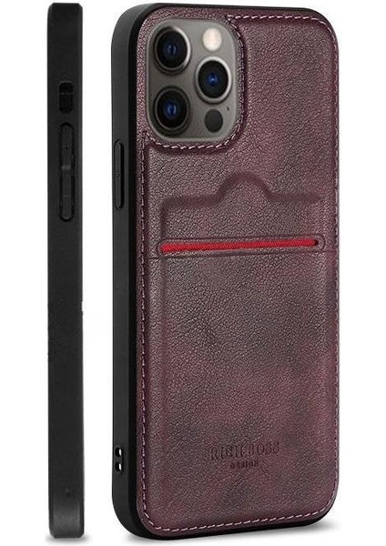 Apple iPhone 12 Pro Deri Kartlıklı Lüks Kılıf Koyu Kırmızı