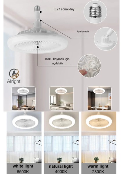 Yeni Nesil E27 Duylu Kumandalı Tavan Vantilatörlü LED Lamba 3 Hız Ayarı ve 3 Renk Ayarı ( Lisinya )