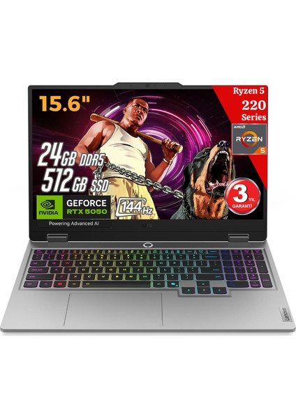 Loq 15AHP10 Aı Amd Ryzen5 220 24GB Ddr5 512GB SSD RTX5050 8gddr7 15.6 IPS 144Hz Fhd Freedos 83JG006BTR Dizüstü Bilgisayar (Yapay Zeka Destekli)