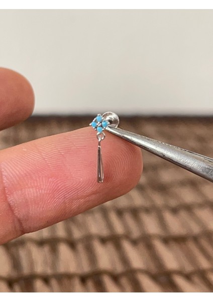925 Ayar Gümüş Turkuaz Taşlı Sallantılı Kıkırdak Helix Tragus Piercingi Gümüş Piercing fiyatları