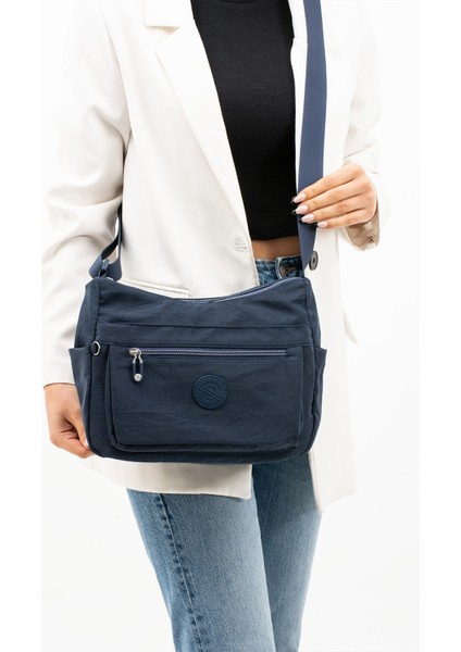 Sanmorris Glc Kadın Çok Gözlü Suya Dayanıklı Krinkıl Kumaş Siyah Renkli Çapraz Askılı Omuz Çantası