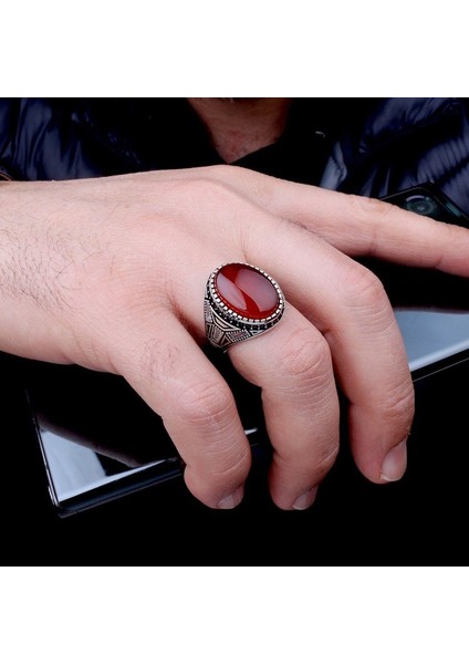 Akik Taşlı Oval Model 925 Ayar Gümüş Erkek Yüzük