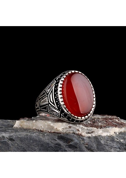 Akik Taşlı Oval Model 925 Ayar Gümüş Erkek Yüzük fırsatları