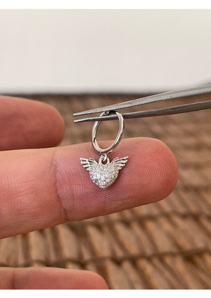 925 Ayar Gümüş Kalpli Melek Taşlı Gümüş Halka Piercing 8 mm Gümüş Küpe