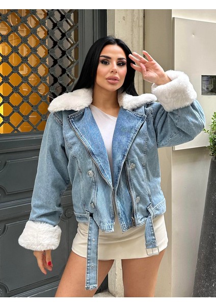 Sagi Kadın Manşet & Yaka Kürk Detaylı Metal Düğme Çapraz Fermuarlı Içi Full Kürklü Kot Mont fiyatları