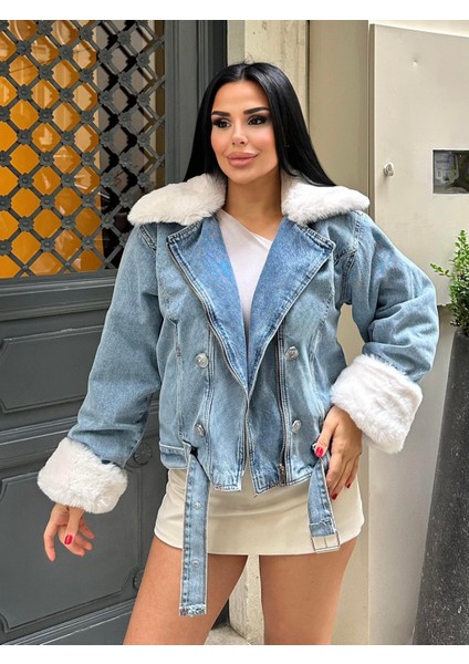 Sagi Kadın Manşet & Yaka Kürk Detaylı Metal Düğme Çapraz Fermuarlı Içi Full Kürklü Kot Mont modelleri