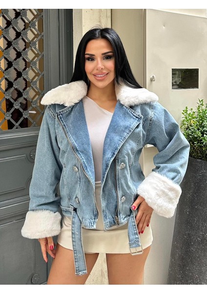 Sagi Kadın Manşet & Yaka Kürk Detaylı Metal Düğme Çapraz Fermuarlı Içi Full Kürklü Kot Mont indirimleri