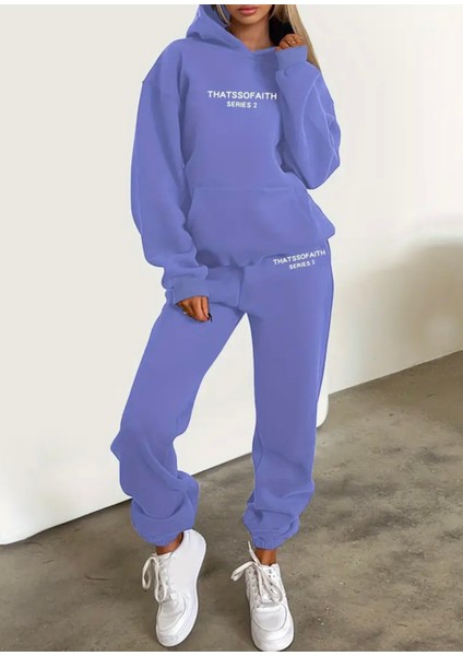 Büyük Beden Özel Tasarım Kapüşonlu Thatss Of Aıth Baskılı %100 Pamuk Kışlık Modern Kadın Eşofman Takımı