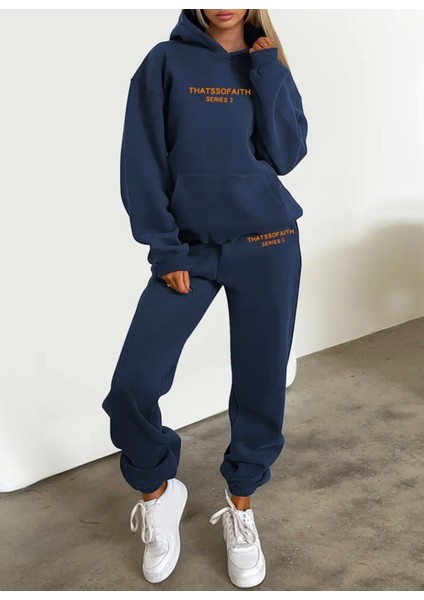 Büyük Beden Özel Tasarım Kapüşonlu Thatss Of Aıth Baskılı %100 Pamuk Kışlık Modern Kadın Eşofman Takımı