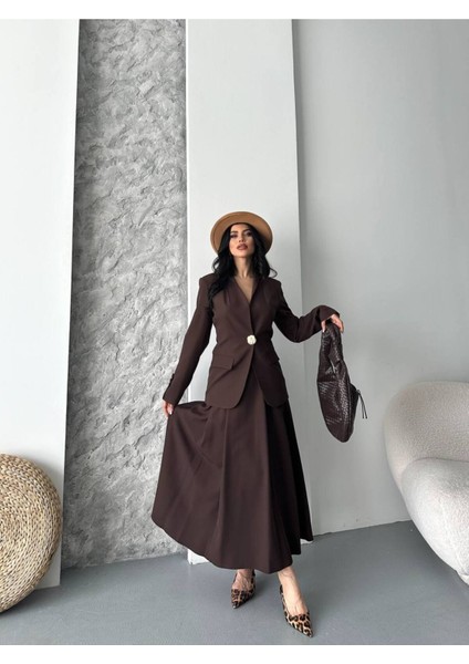 Kadın Gold Kurabiye Düğmeli Blazer Ceket Etek Takım Elbise fırsatları