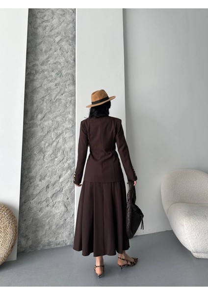 Kadın Gold Kurabiye Düğmeli Blazer Ceket Etek Takım Elbise