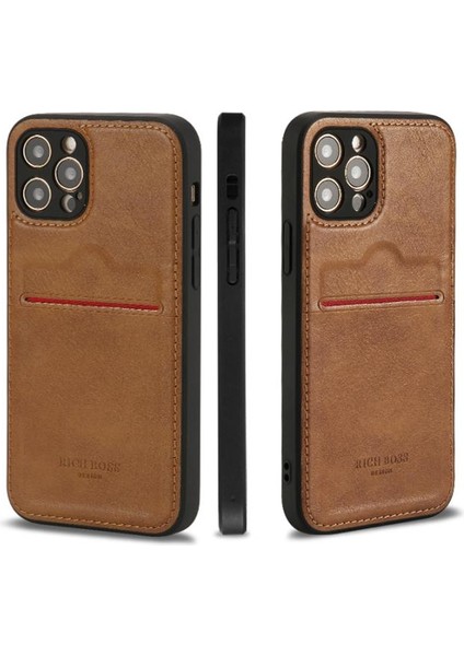 Apple iPhone 15 Pro Max Deri Kartlıklı Lüks Kılıf Açık Kahve