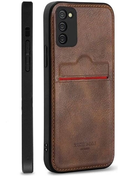 Samsung Galaxy M22 Deri Kartlıklı Lüks Kılıf Koyu Kahverengi