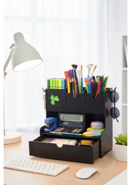 Clover 4 Gözlü Çekmeceli Masaüstü Ahşap Organizer Kalemlik- Takı Makyaj Çok Amaçlı Organizer