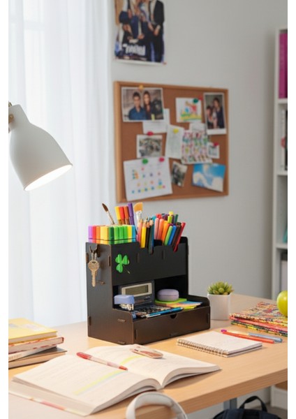 Clover 4 Gözlü Çekmeceli Masaüstü Ahşap Organizer Kalemlik- Takı Makyaj Çok Amaçlı Organizer