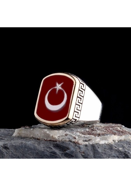 Kırmızı Mineli Ayyıldız Model 925 Ayar Gümüş Erkek Yüzük modelleri