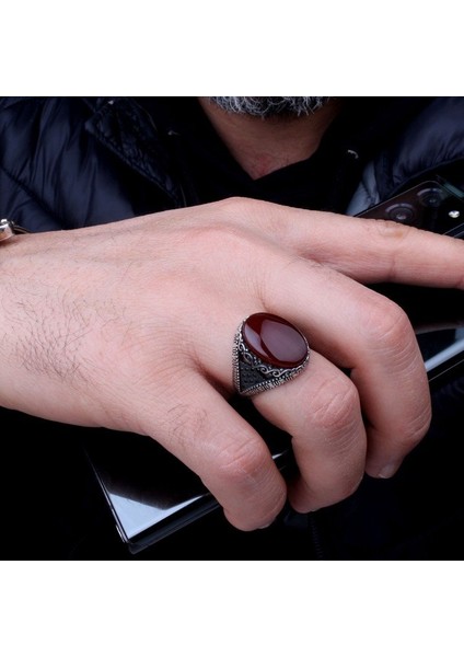 Akik Taşlı Oval Model 925 Ayar Gümüş Erkek Yüzük