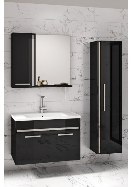 Gold Siyah Gri (65+35) 100 cm Mdf-Boy Dolaplı Lavabolu Banyo Dolabı Seti-Hazır Kurulu-