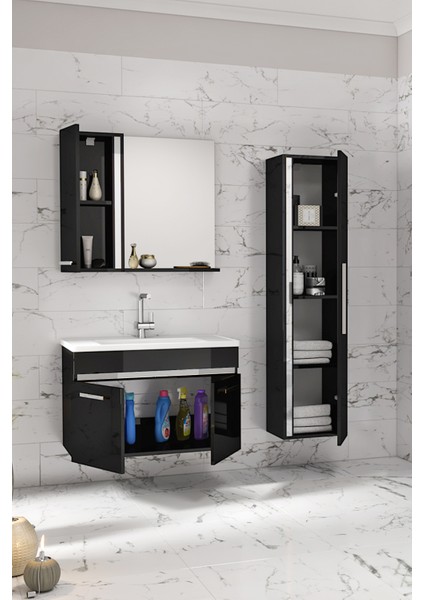 Gold Siyah Gri (65+35) 100 cm Mdf-Boy Dolaplı Lavabolu Banyo Dolabı Seti-Hazır Kurulu- fiyatları