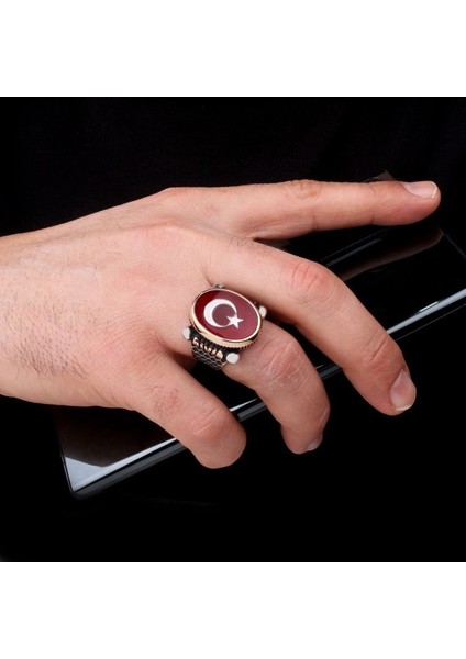 Mineli Ayyıldız Model 925 Ayar Gümüş Kırmızı Erkek Yüzük