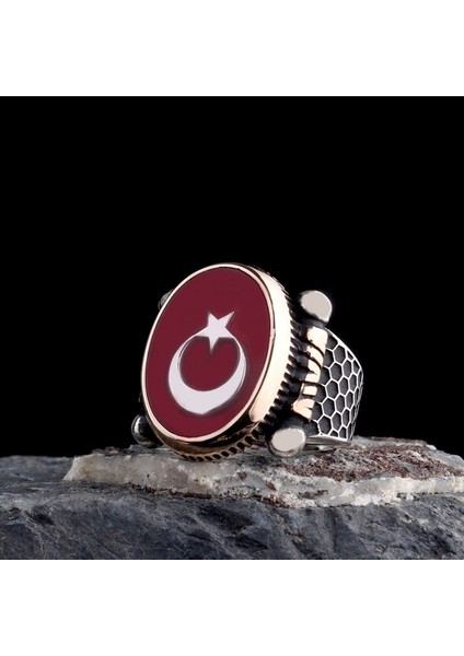 Mineli Ayyıldız Model 925 Ayar Gümüş Kırmızı Erkek Yüzük modelleri