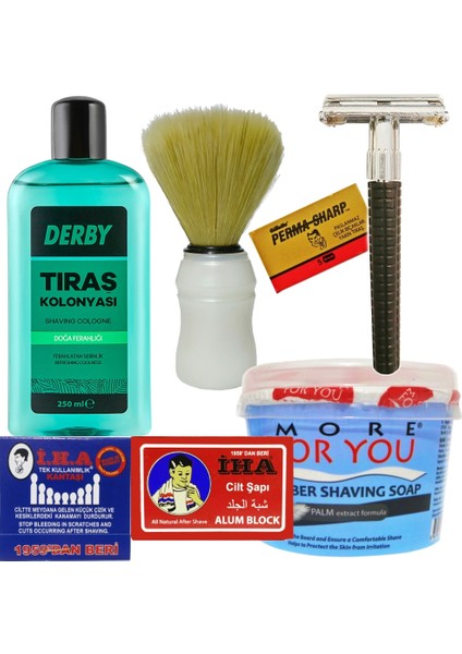 Klasik Tıraş Seti, Tıraş Makinesi ve Bıçağı, Tıraş Sabunu, Fırçası ve Kolonyası, Cilt Şapı ve Kantaşı