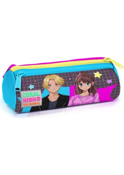 22037 Kıds Gri Mavi Pembe Anime Desenli Üç Bölmeli Kalem Çantası