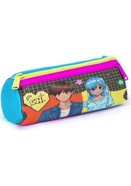 22037 Kıds Gri Mavi Pembe Anime Desenli Üç Bölmeli Kalem Çantası modelleri